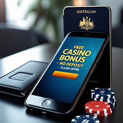 Smartphone displaying a no deposit bonus offer from a casino leaning against an Australian passport